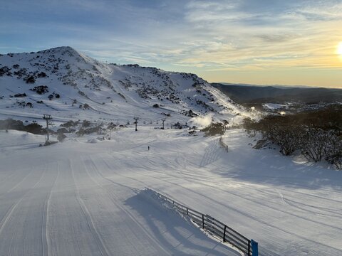 Freshly Groomed Ski Slopes at Sunrise, Perisher Ski Resort, New South Wales, Australia