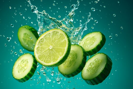 lime and cucumber slices falling into water with droplets on turquoise background