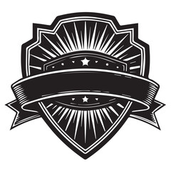 Obraz premium A black and white emblem featuring a shield with radiating lines, a banner across the center, and stars, isolated on white background, creating a vintage and symbolic design element