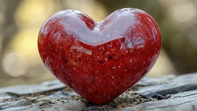 A red heart-shaped object sits atop a piece of wood, perfect for romantic or celebratory occasions