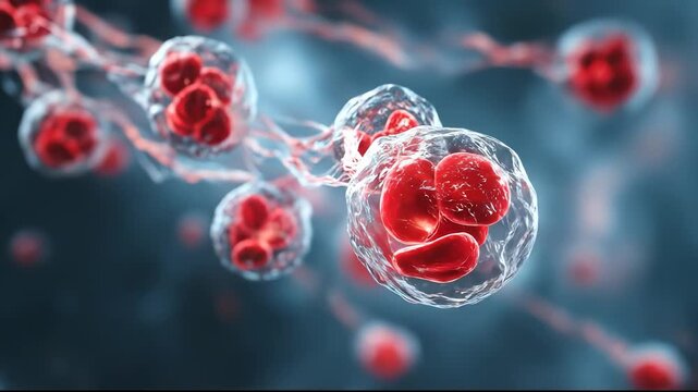 Red blood cells flow smoothly through a translucent medium, showcasing their dynamic movement. The red blood cells and their detailed forms create a vivid display of life in motion