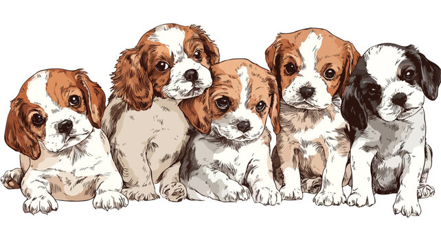 Adorable Vector Illustration of Cute Puppies with Outline Isolated on White Background