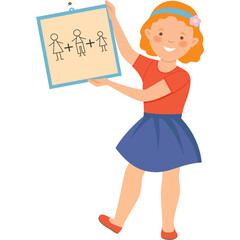 Smiling Girl Holding Drawing of Family and Math Equations Featuring Simple Stick Figures and Plus Signs in a Bright and Cheerful Illustration Style with a Transparent Background