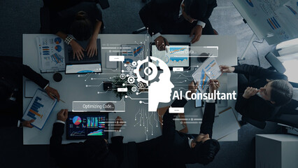 A dynamic scene capturing a diverse team engaged in a business meeting, showcasing AI consultant graphics for effective data visualization and optimization strategies. Trope