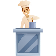 Smiling Male Chef in White Uniform Stirring Ingredients in Pot on Countertop with Transparent Background in Cartoon Style