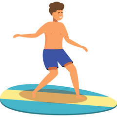 Smiling Man Surfing Blue Yellow and White Surfboard on Transparent Background with Short Brown Hair and Blue Shorts