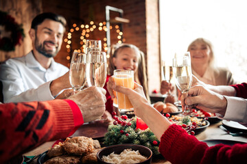 Family gathering Christmas dinner as friends and relatives toast with glasses at a festive table...