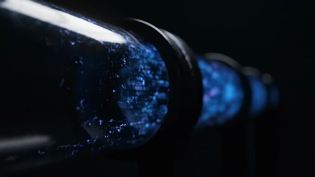 Hypnotic slow motion energy pulse of abstract digital data flowing through a dark, futuristic conduit, creating a seamless technological current smooth transition, loopable, internet backbone