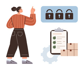Woman pointing at row of lock icons representing security, checklist with completed tasks, boxes, and gear for logistics. Ideal for cybersecurity, organization, productivity, logistics, planning