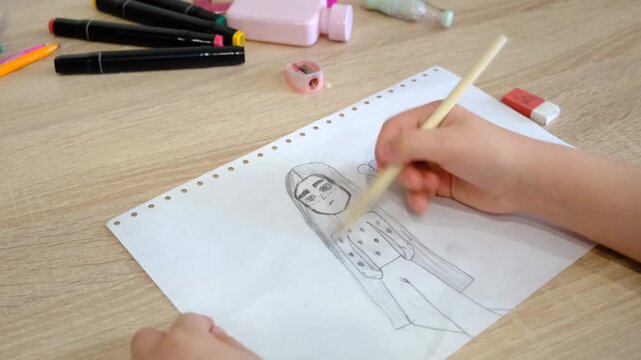 Anime person, sad girl, emo. Child, teenager girl drawing sketch picture, crying girl. Hand drawing Youth culture	