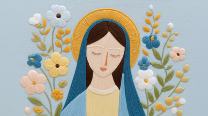 Virgin mary embroidery with halo and colorful flowers
