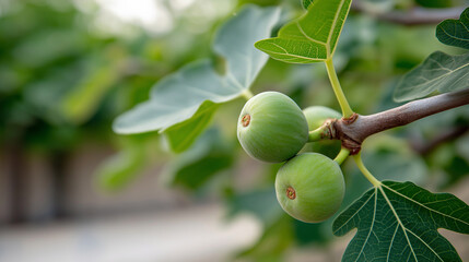 Fototapeta premium Green figs growing on a branch of a fig tree