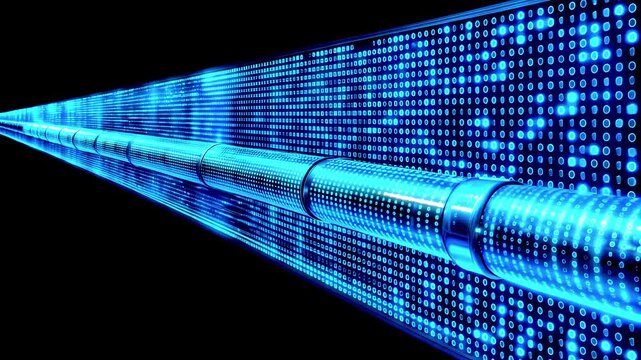 Illuminated pipeline with binary code backdrop in blue and black abstract technology visual