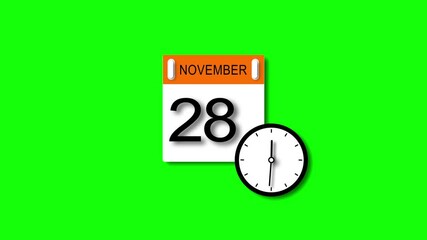 November month 28 date animation. calendar and clock animation clean and black background. and stunning 4k animation.