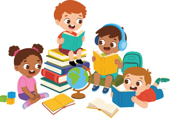 Children learning together, reading books, educational activity, playful classroom, kids with globe, backpack, headphones, colorful study, early education scene