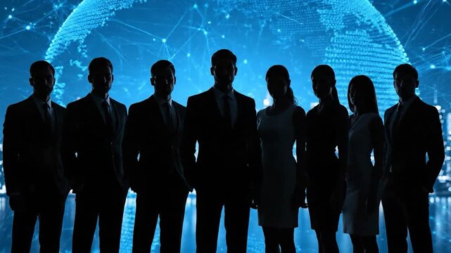 A group of businesspeople silhouetted with "big data" in front of a digital globe and city lights - Powered by Adobe