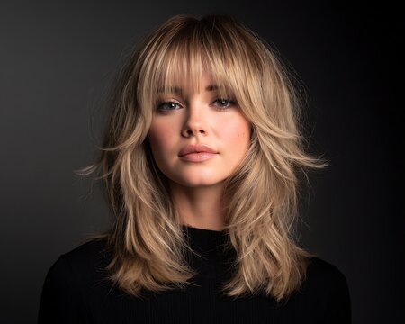 Medium length haircut with wispy fringe (bangs), face-framing layers, soft blush blonde colour, light studio glow.