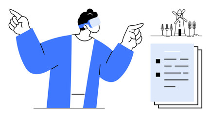 Person wearing VR headset gesturing towards wind turbines and a document, highlighting technology, future, energy innovation. Ideal for sustainability, tech, education, foresight, research renewable