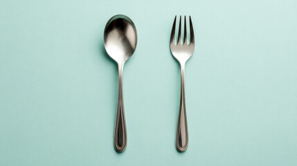 Silver Spoon and Fork Placed on Soft Aqua Background for Table Setting and Dining Scene in Culinary Use