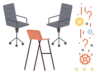 Two office chairs and a tall stool in a modern design, accompanied by colorful gears, question marks, and abstract shapes. Ideal for collaboration, discussion, problem-solving, creativity