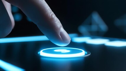 A close-up shot of a human finger hovering above a brightly illuminated, circular blue button. The background is dark with blurred geometric shapes suggesting a high-tech environment. - Powered by Adobe
