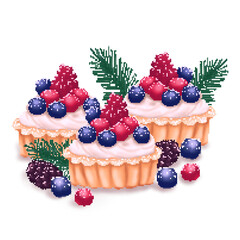 Pixel tartlets with berries and fir branches decorated with snow details, perfect for Christmas cards, packaging, posters and winter design