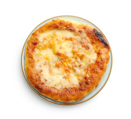 One delicious Megrelian khachapuri isolated on white background, top view