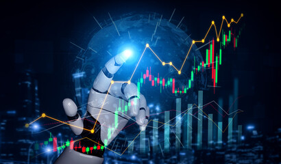 A robotic hand touches glowing financial graphs, representing the intersection of technology and...