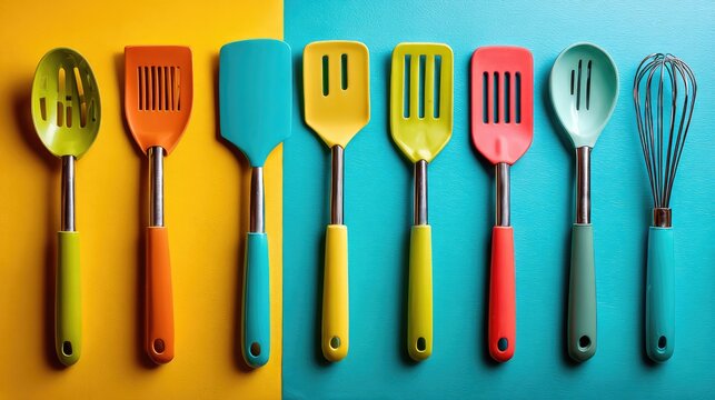 Colorful Kitchen Utensils on Vibrant Backgrounds for Cooking and Baking Enthusiasts, Bright Home Decor, and Culinary Creativity Inspiration