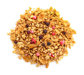 Pile of tasty granola with dried berries isolated on white, top view
