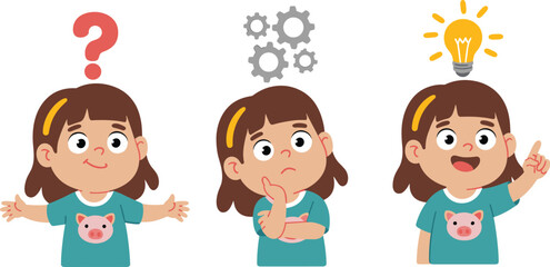 Cartoon girl thinking, confused child illustration, problem solving stages, idea concept, gears and light bulb, emotional expression, educational design