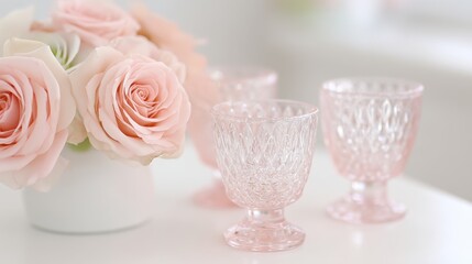 Elegant pink roses with crystal glasses home decor setting floral arrangement bright environment close-up aesthetic inspiration
