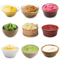 Wasabi and other condiments isolated on white, set