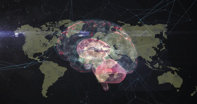 Glowing holographic brain pulsing pink and teal over world map, with blue network lines and nodes