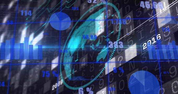 Displaying transparent 3D globe on analytics dashboard, with binary stream and bar and pie charts