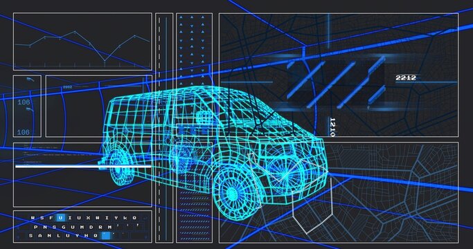 Neon-blue van wireframe spinning in diagnostics display, with UI panels and numeric readouts