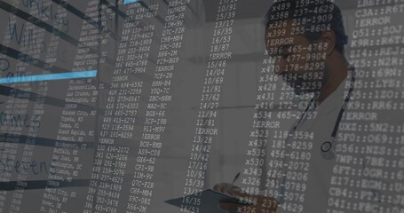 Tech examining racks in server room holding clipboard, pen, cables, error overlay, copy space
