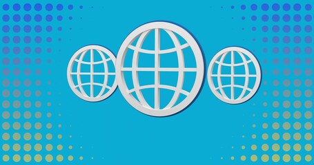 Displaying design showing three wireframe globes on blue with halftone dot gradient
