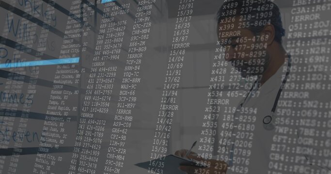 Tech examining racks in server room holding clipboard, pen, cables, error overlay, copy space