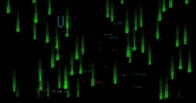 Displaying glowing green binary code streams in cyber space, with occasional blue and red symbols