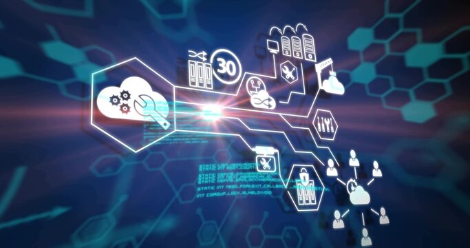 Showing cloud gear icon linking to data center in digital network with padlock and code overlay