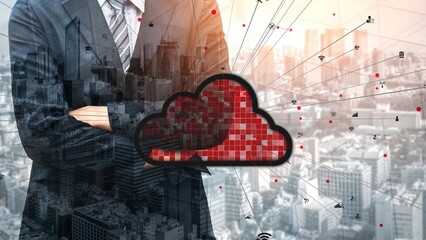 A businessman in formal attire stands confidently in front of a city skyline, symbolizing digital transformation with cloud and network visuals connecting data. Xenic