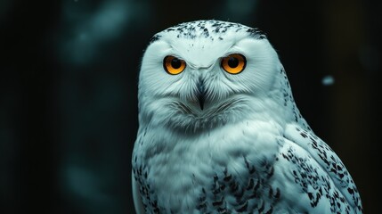Fototapeta premium Majestic Snowy Owl Portrait: Intense Gaze Amidst the Winter Darkness