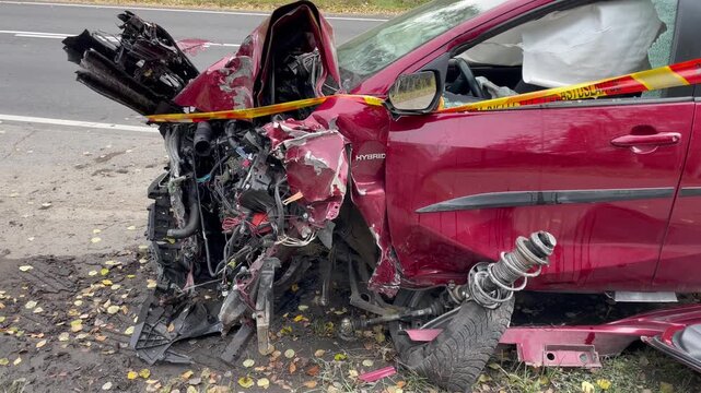 Crashed car with exposed springs deployed airbags and twisted metal aftermath of high speed accident scene showing severe vehicle damage symbol of danger and recklessness