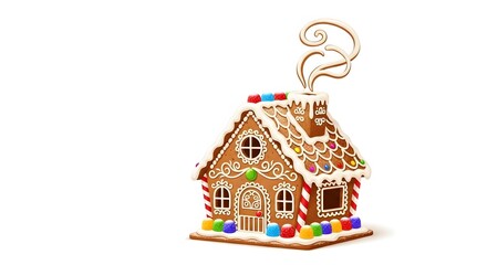 A beautifully decorated gingerbread house with colorful candies and a chimney emitting smoke.