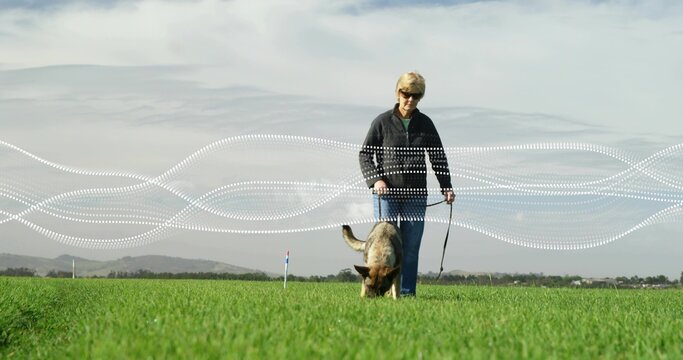 Walking senior woman wearing sunglasses across park, with German Shepherd, leash and graphic lines