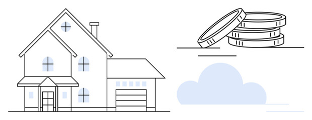 Suburban house with garage and windows next to coin stacks, symbolizing real estate, savings, value. Ideal for finance, property, mortgage, investment planning wealth housing market. A simple flat