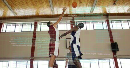 Jumping basketball players contesting shot and block inside gym, with jerseys and code overlay