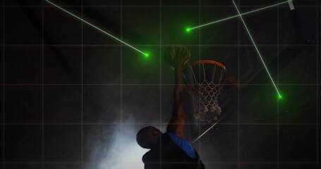 Jumping basketball player in blue jersey executing dunk in court, with green lasers gridlines smoke © vectorfusionart