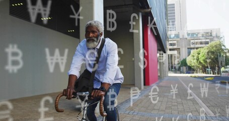 Riding male cyclist pedaling along office path, with messenger bag, currency overlay, copy space